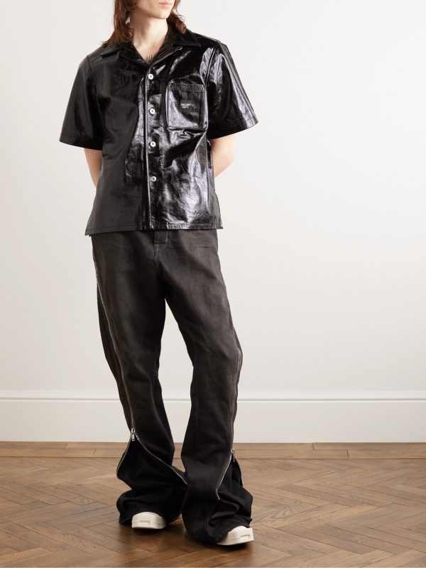 Parker Convertible-Collar Logo-Appliquéd Crinkled Patent-Leather Shirt - OU Parker Convertible-Collar Logo-Appliquéd Crinkled Patent-Leather Shirt - OU