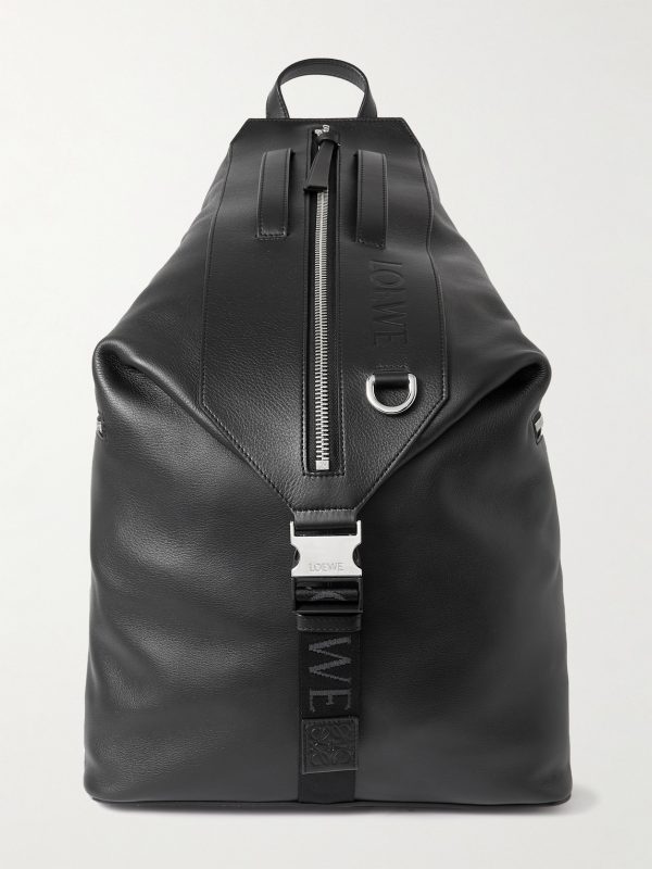Convertible Logo-Debossed Mesh-Trimmed Leather Backpack Convertible Logo-Debossed Mesh-Trimmed Leather Backpack