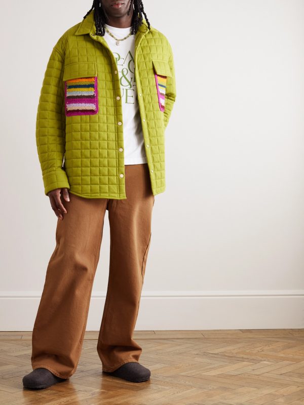 Crochet-Trimmed Quilted Cotton-Jersey Shirt Jacket - OU Crochet-Trimmed Quilted Cotton-Jersey Shirt Jacket - OU