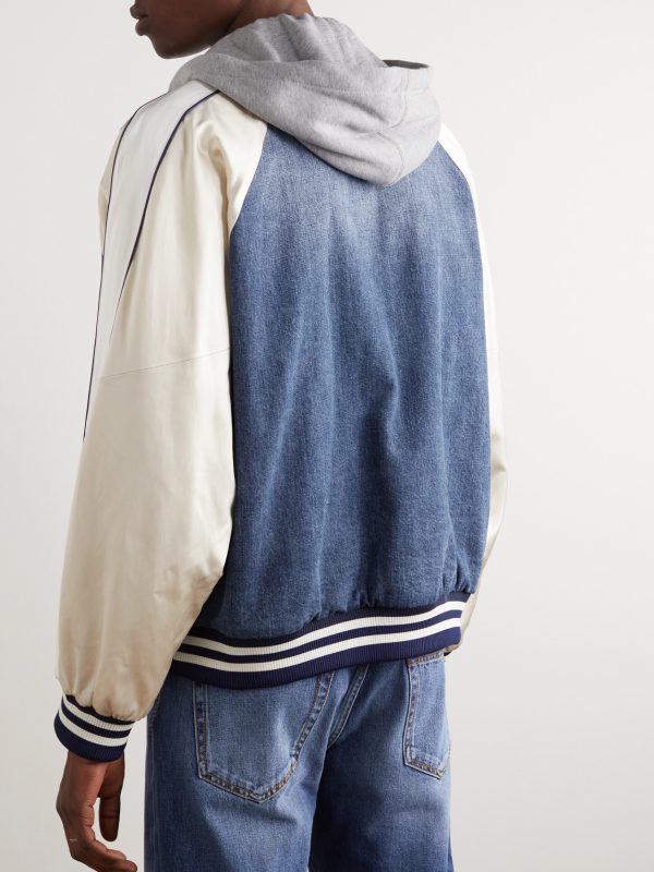 Cotton-Jersey, Satin and Denim Hooded Bomber Jacket - BK Cotton-Jersey, Satin and Denim Hooded Bomber Jacket - BK