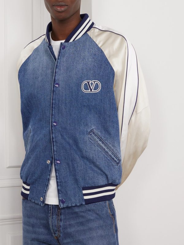 Cotton-Jersey, Satin and Denim Hooded Bomber Jacket - E2 Cotton-Jersey, Satin and Denim Hooded Bomber Jacket - E2