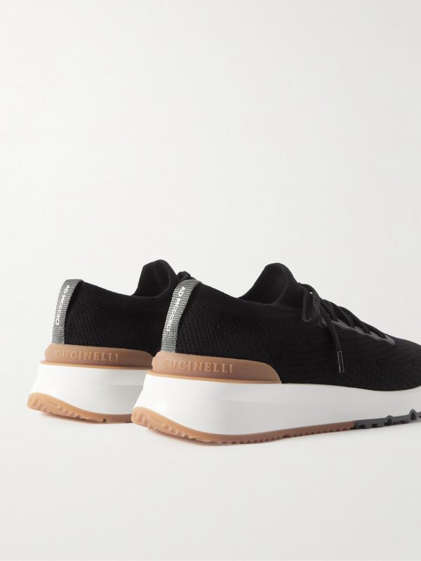 Leather-Trimmed Stretch-Knit Sneakers - BK Leather-Trimmed Stretch-Knit Sneakers - BK
