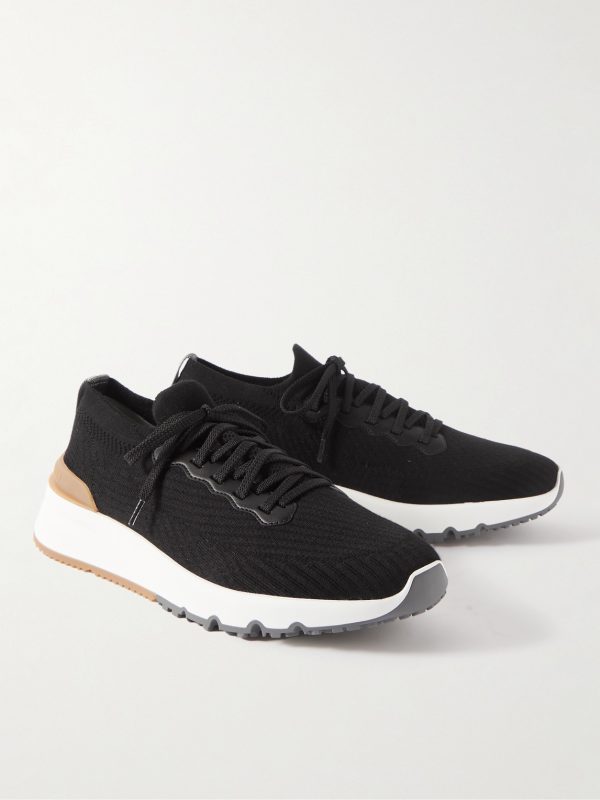 Leather-Trimmed Stretch-Knit Sneakers - FR Leather-Trimmed Stretch-Knit Sneakers - FR