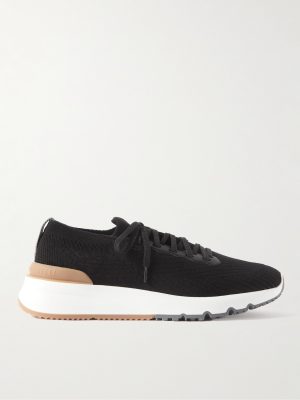 Leather-Trimmed Stretch-Knit Sneakers Leather-Trimmed Stretch-Knit Sneakers
