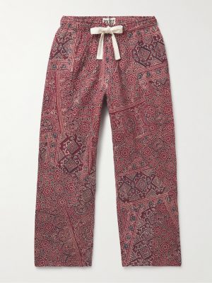 Straight-Leg Cropped Embroidered Printed Cotton Drawstring Trousers
