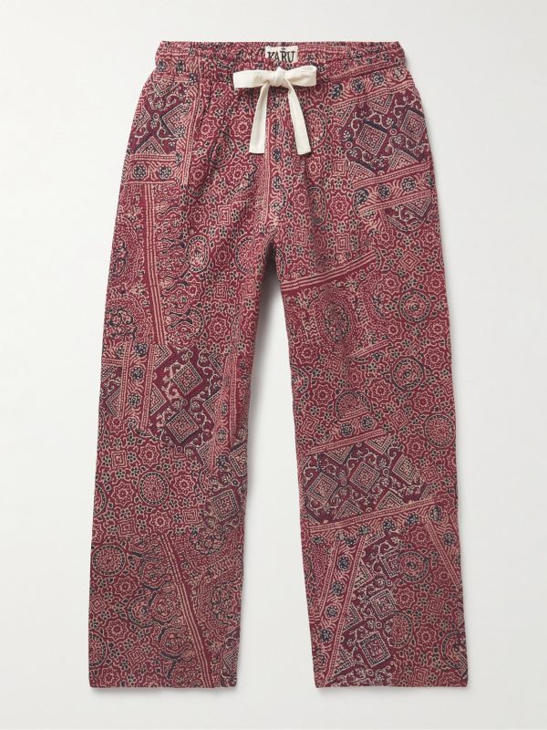 Straight-Leg Cropped Embroidered Printed Cotton Drawstring Trousers Straight-Leg Cropped Embroidered Printed Cotton Drawstring Trousers
