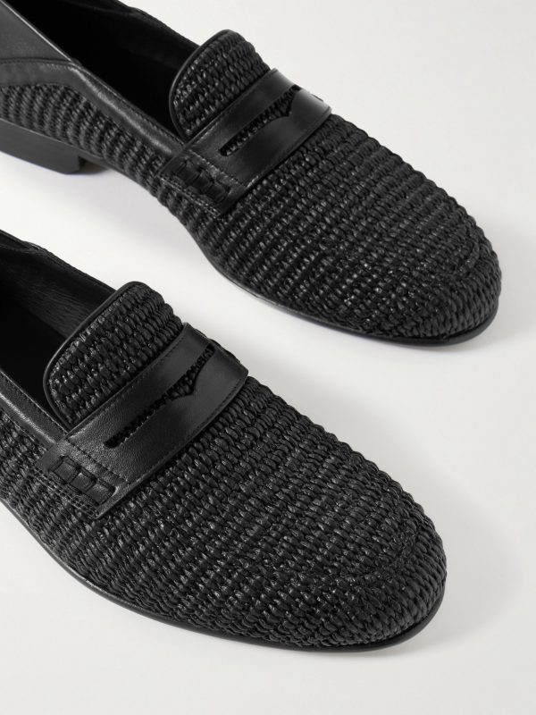 Padstow Collapsible-Heel Leather-Trimmed Raffia Loafers - CU