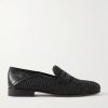 Padstow Collapsible-Heel Leather-Trimmed Raffia Loafers