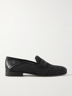 Padstow Collapsible-Heel Leather-Trimmed Raffia Loafers