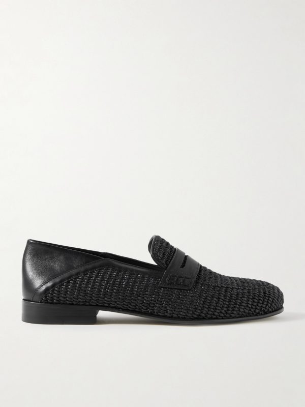 Padstow Collapsible-Heel Leather-Trimmed Raffia Loafers