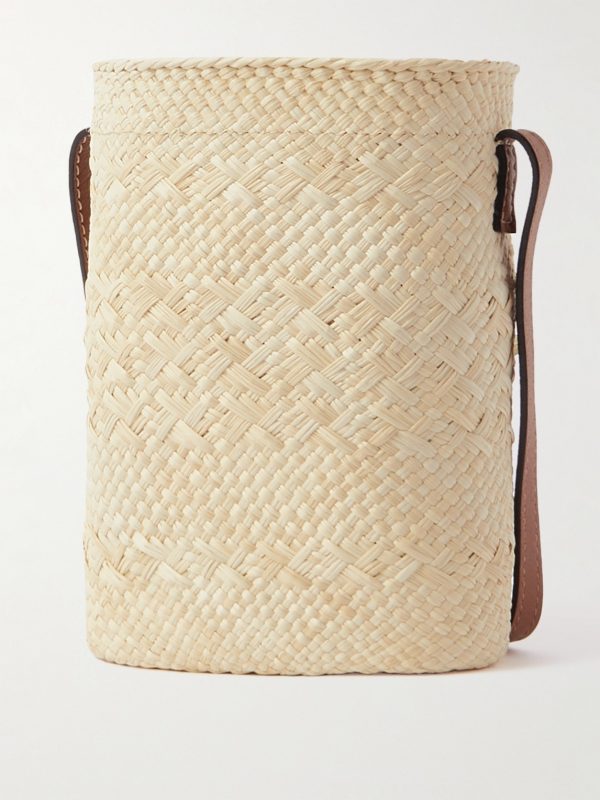 + Paula's Ibiza Leather-Trimmed Raffia Bucket Bag - BK + Paula's Ibiza Leather-Trimmed Raffia Bucket Bag - BK