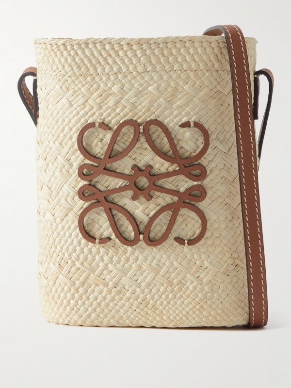 + Paula's Ibiza Leather-Trimmed Raffia Bucket Bag + Paula's Ibiza Leather-Trimmed Raffia Bucket Bag