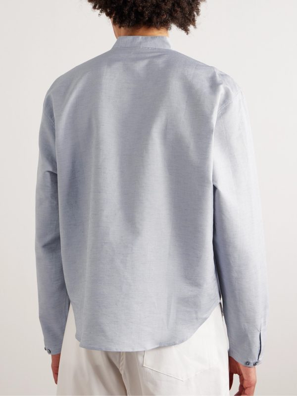 Grandad-Collar Linen and Cotton-Blend Half-Placket Shirt - BK Grandad-Collar Linen and Cotton-Blend Half-Placket Shirt - BK