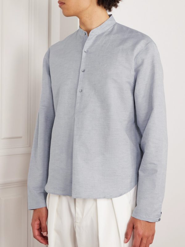 Grandad-Collar Linen and Cotton-Blend Half-Placket Shirt - FR Grandad-Collar Linen and Cotton-Blend Half-Placket Shirt - FR