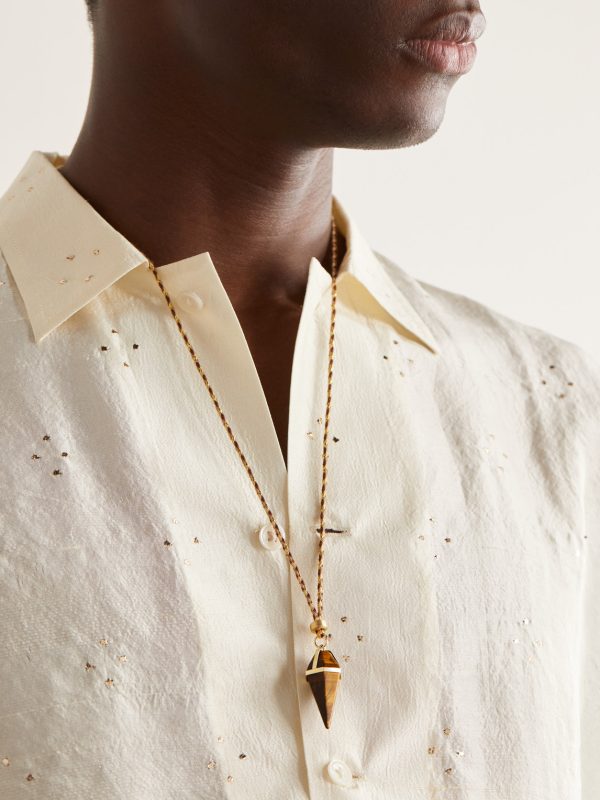 Gold, Tiger's Eye and Cord Pendant Necklace - FR