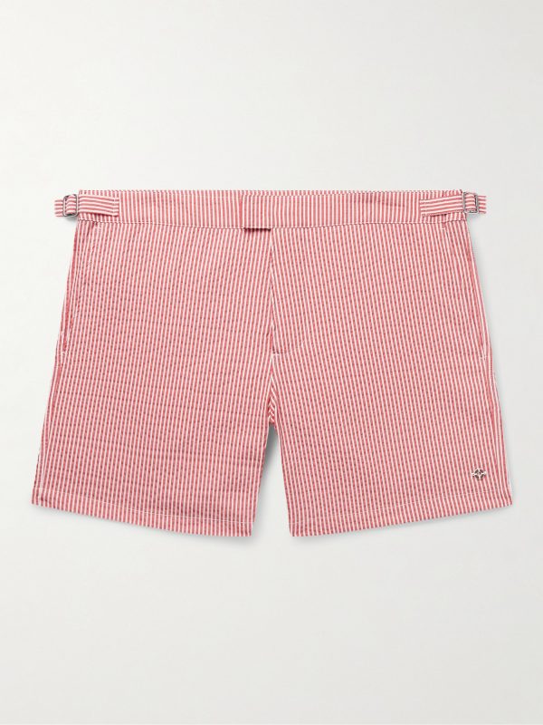 Schooner Straight-Leg Mid-Length Striped Seersucker Swim Shorts