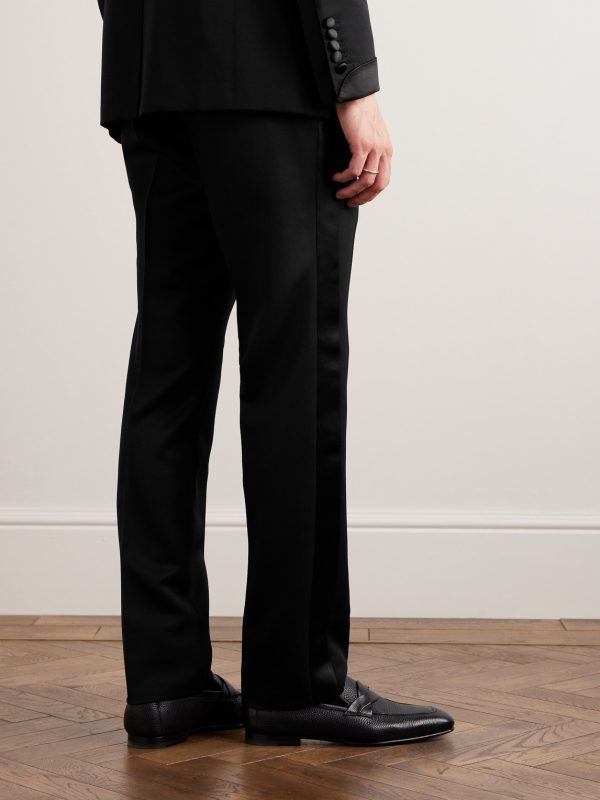 Straight-Leg Pleated Satin-Trimmed Grain De Poudre Wool and Mohair-Blend Tuxedo Trousers - BK Straight-Leg Pleated Satin-Trimmed Grain De Poudre Wool and Mohair-Blend Tuxedo Trousers - BK