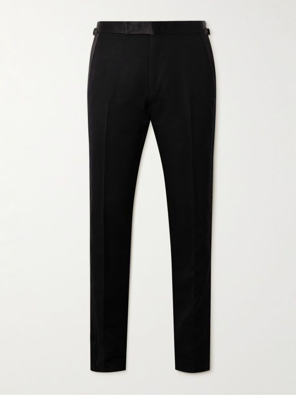 Straight-Leg Pleated Satin-Trimmed Grain De Poudre Wool and Mohair-Blend Tuxedo Trousers Straight-Leg Pleated Satin-Trimmed Grain De Poudre Wool and Mohair-Blend Tuxedo Trousers