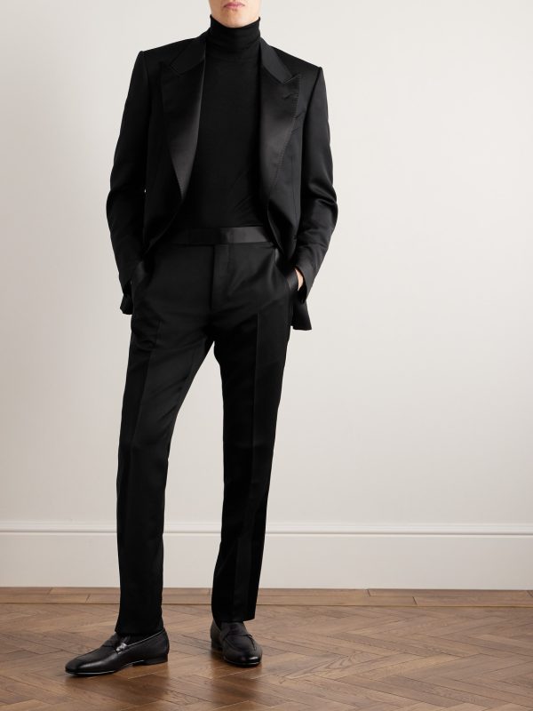 Straight-Leg Pleated Satin-Trimmed Grain De Poudre Wool and Mohair-Blend Tuxedo Trousers - OU Straight-Leg Pleated Satin-Trimmed Grain De Poudre Wool and Mohair-Blend Tuxedo Trousers - OU