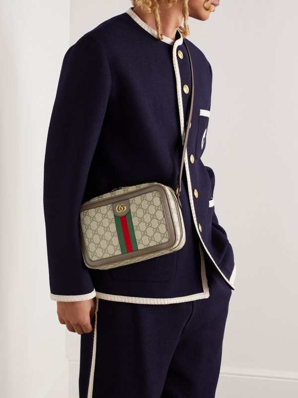 Ophidia Small Leather-Trimmed Monogrammed Coated-Canvas Shoulder Bag - OU Ophidia Small Leather-Trimmed Monogrammed Coated-Canvas Shoulder Bag - OU