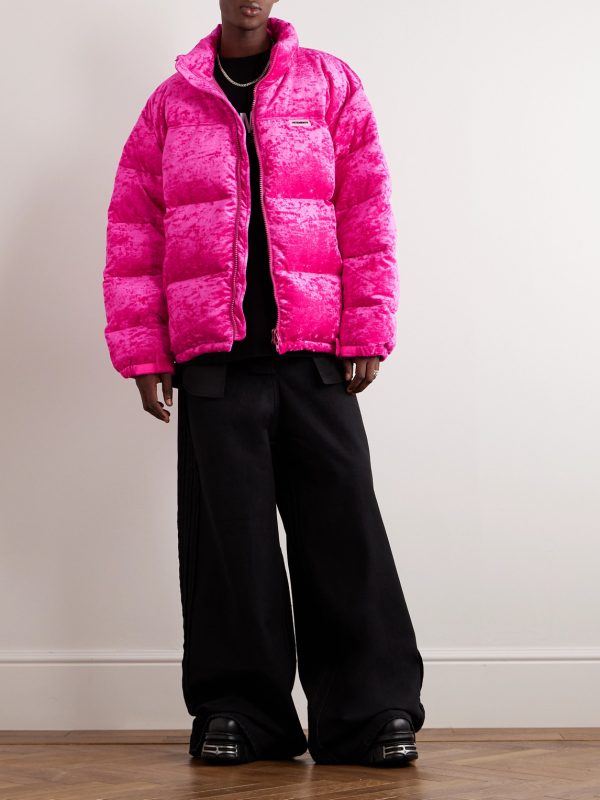 Oversized Logo-Appliquéd Quilted Crushed-Velvet Down Jacket - OU Oversized Logo-Appliquéd Quilted Crushed-Velvet Down Jacket - OU