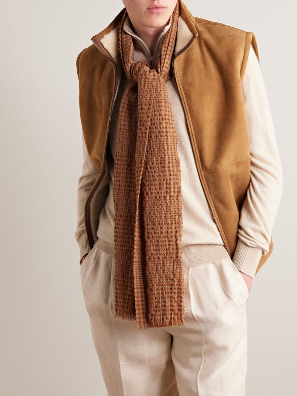 Frayed Checked Wool-Blend Seersucker Scarf - OU Frayed Checked Wool-Blend Seersucker Scarf - OU