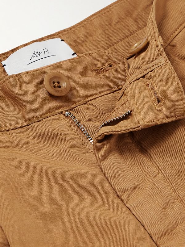 Straight-Leg Pleated Garment-Dyed Cotton and Linen-Blend Twill Trousers - E1