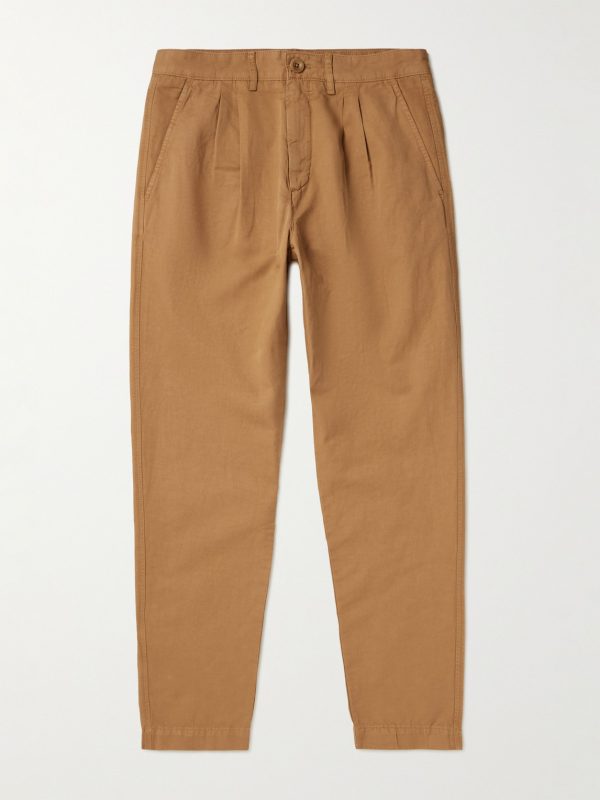 Straight-Leg Pleated Garment-Dyed Cotton and Linen-Blend Twill Trousers