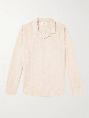 Convertible-Collar Striped Cotton and Linen-Blend Voile Shirt