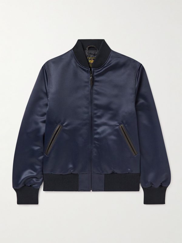 Sukajan Leather-Trimmed Satin Bomber Jacket Sukajan Leather-Trimmed Satin Bomber Jacket