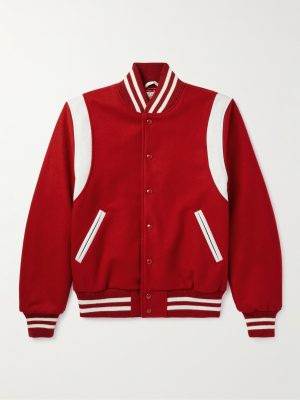 The Hayes Leather-Trimmed Wool-Blend Varsity Jacket The Hayes Leather-Trimmed Wool-Blend Varsity Jacket