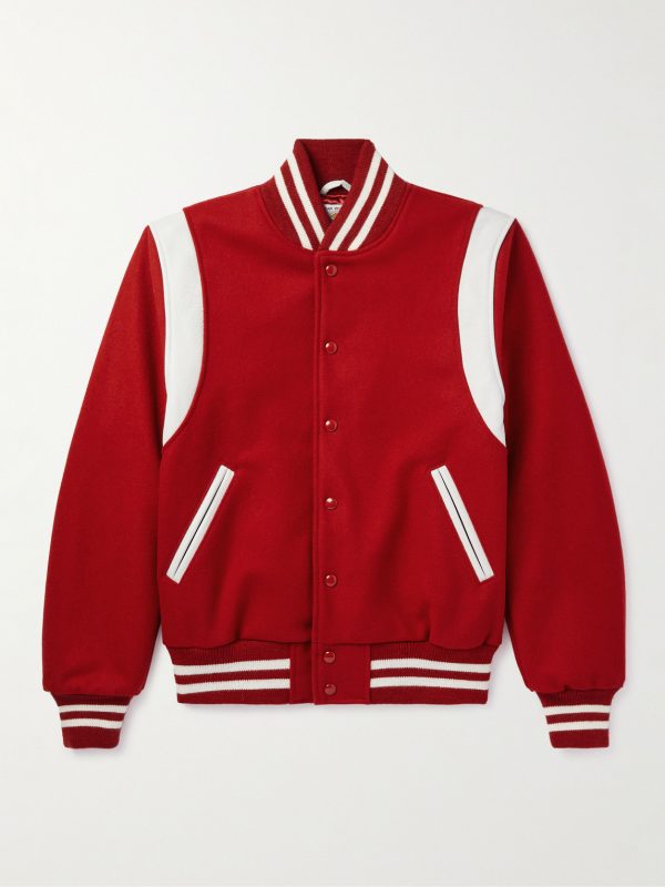 The Hayes Leather-Trimmed Wool-Blend Varsity Jacket The Hayes Leather-Trimmed Wool-Blend Varsity Jacket