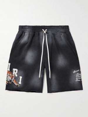 Wide-Leg Logo-Print Distressed Cotton-Jersey Drawstring Shorts Wide-Leg Logo-Print Distressed Cotton-Jersey Drawstring Shorts