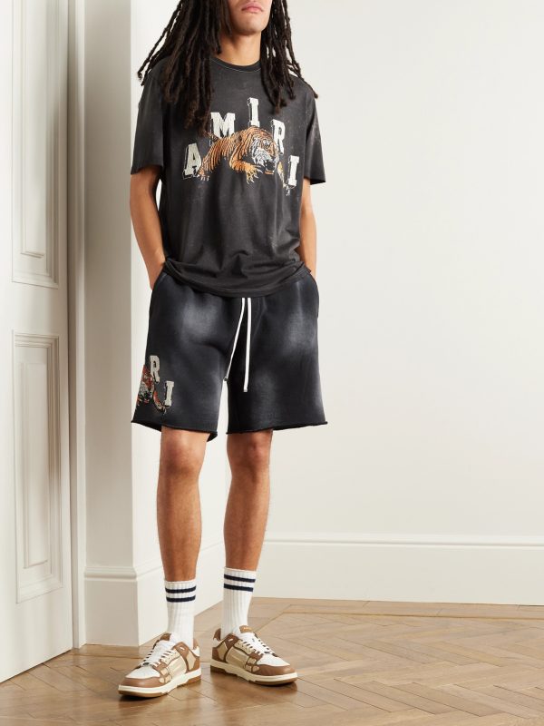 Wide-Leg Logo-Print Distressed Cotton-Jersey Drawstring Shorts - OU Wide-Leg Logo-Print Distressed Cotton-Jersey Drawstring Shorts - OU