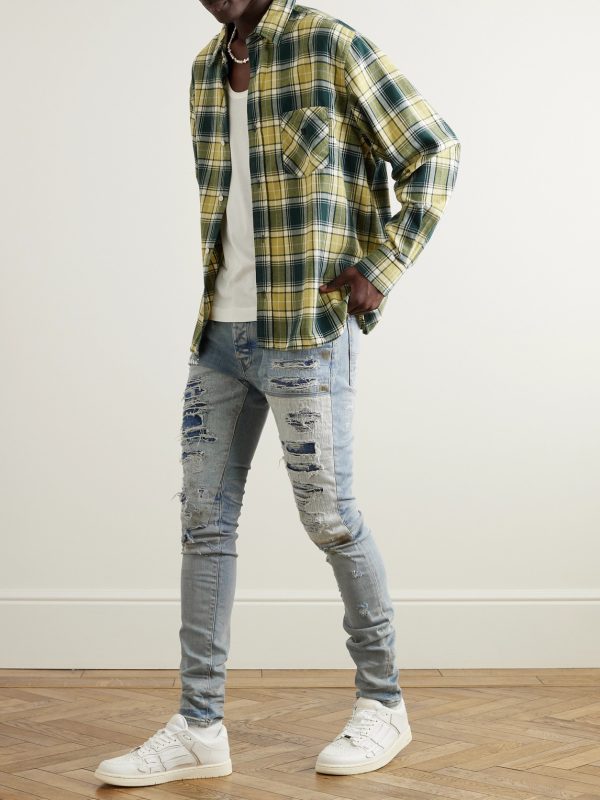 Skinny-Fit Logo-Embroidered Distressed Patchwork Jeans - OU Skinny-Fit Logo-Embroidered Distressed Patchwork Jeans - OU