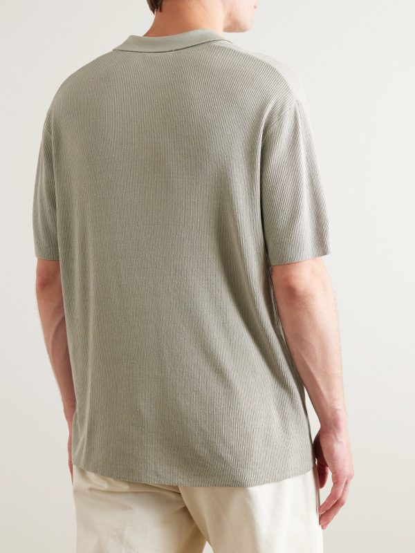 Ribbed Linen-Blend Polo Shirt - BK Ribbed Linen-Blend Polo Shirt - BK