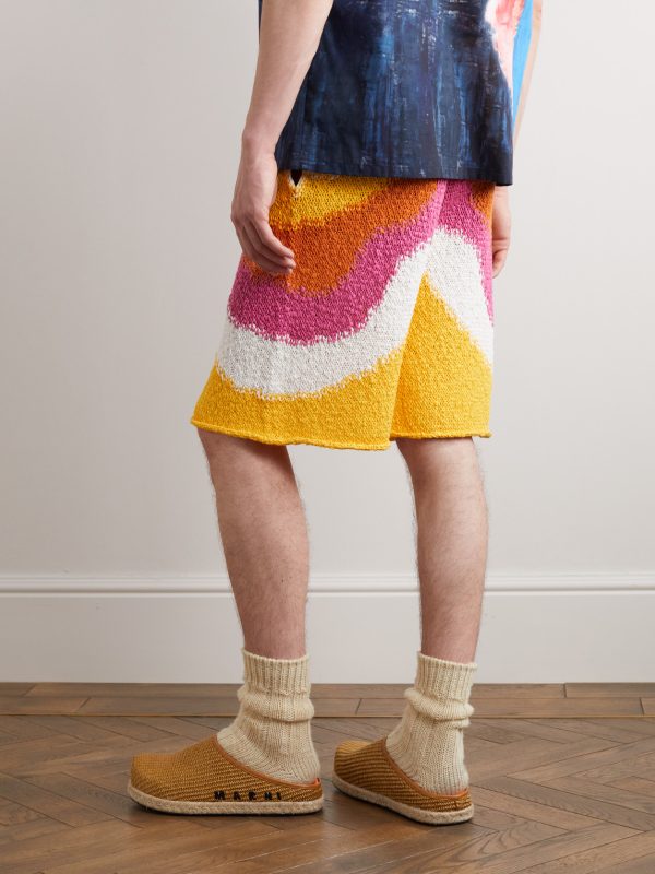 Straight-Leg Crochet-Knit Striped Cotton Shorts - BK Straight-Leg Crochet-Knit Striped Cotton Shorts - BK