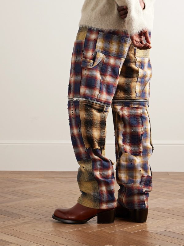 Straight-Leg Convertible Distressed Checked Cotton-Flannel Trousers - BK Straight-Leg Convertible Distressed Checked Cotton-Flannel Trousers - BK