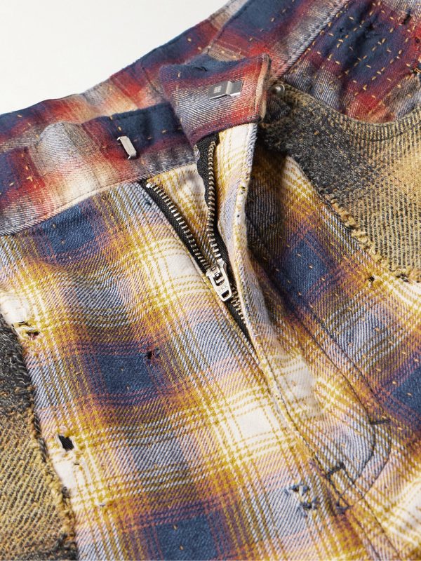 Straight-Leg Convertible Distressed Checked Cotton-Flannel Trousers - E1 Straight-Leg Convertible Distressed Checked Cotton-Flannel Trousers - E1