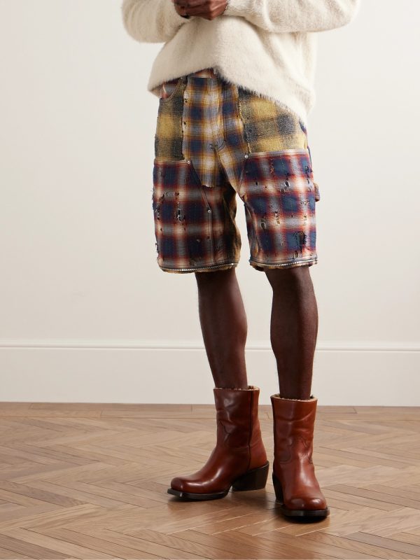 Straight-Leg Convertible Distressed Checked Cotton-Flannel Trousers - E2 Straight-Leg Convertible Distressed Checked Cotton-Flannel Trousers - E2