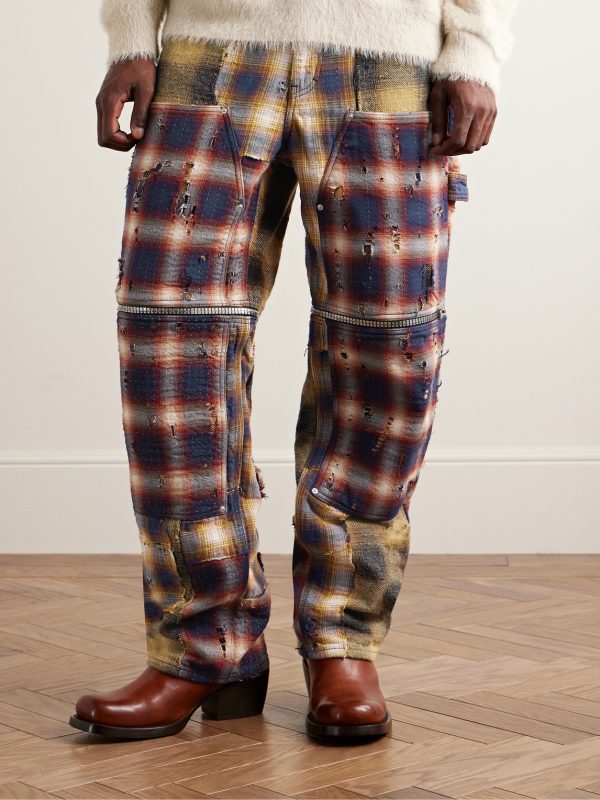 Straight-Leg Convertible Distressed Checked Cotton-Flannel Trousers - FR Straight-Leg Convertible Distressed Checked Cotton-Flannel Trousers - FR