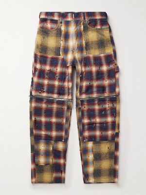 Straight-Leg Convertible Distressed Checked Cotton-Flannel Trousers Straight-Leg Convertible Distressed Checked Cotton-Flannel Trousers