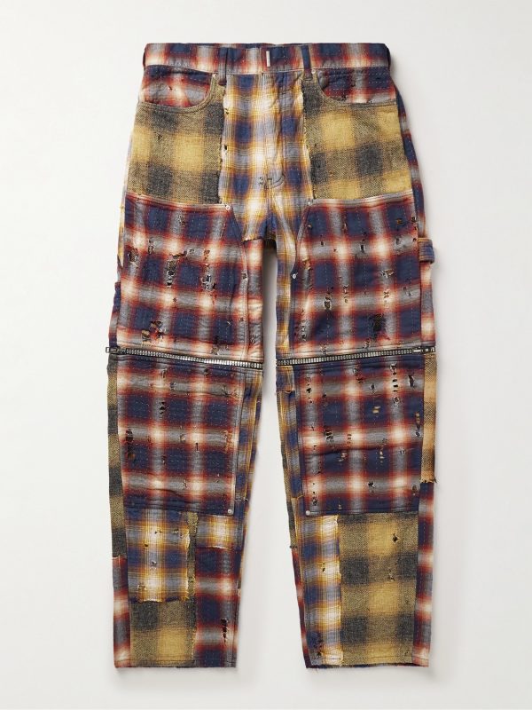 Straight-Leg Convertible Distressed Checked Cotton-Flannel Trousers Straight-Leg Convertible Distressed Checked Cotton-Flannel Trousers