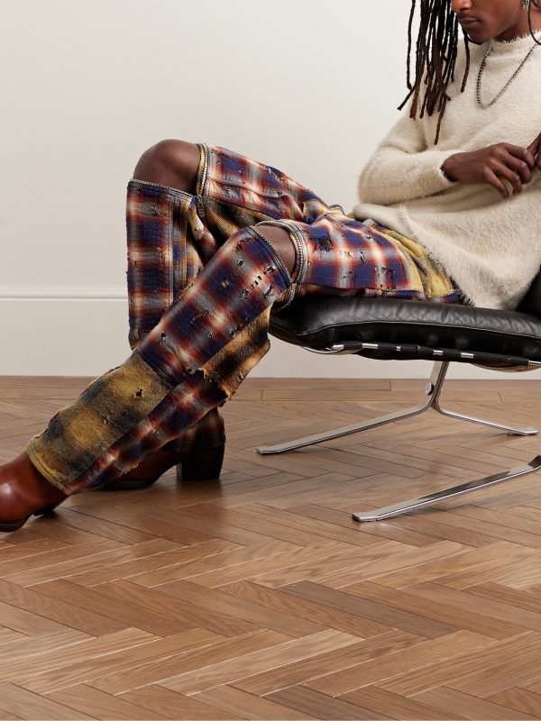 Straight-Leg Convertible Distressed Checked Cotton-Flannel Trousers - OU Straight-Leg Convertible Distressed Checked Cotton-Flannel Trousers - OU