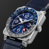 BR 03-93 GMT BLUE Automatic 42mm Stainless Steel and Leather Watch, Ref. No. BR0393-BLU-ST/SCA - FR BR 03-93 GMT BLUE Automatic 42mm Stainless Steel and Leather Watch, Ref. No. BR0393-BLU-ST/SCA - FR