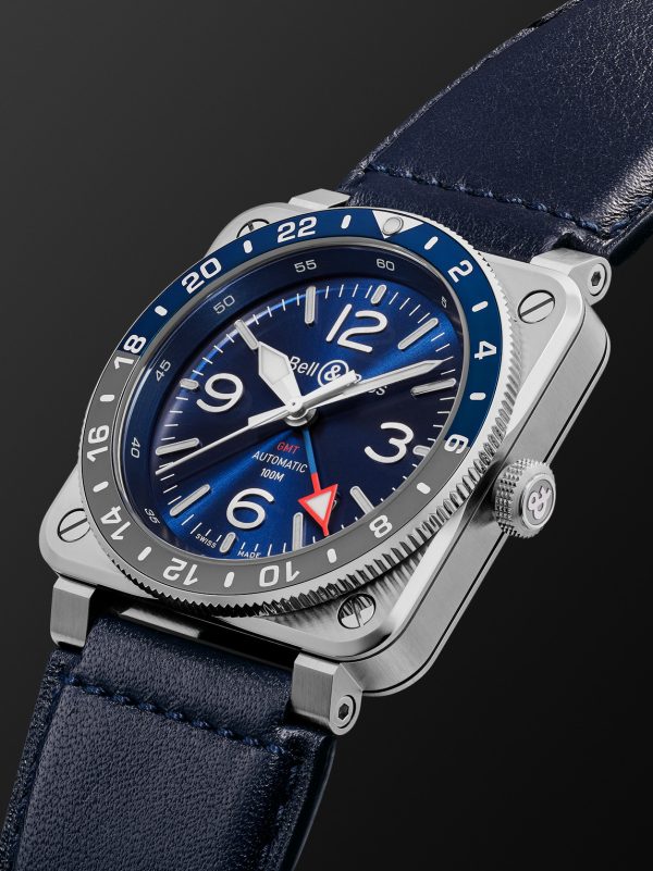 BR 03-93 GMT BLUE Automatic 42mm Stainless Steel and Leather Watch, Ref. No. BR0393-BLU-ST/SCA - FR BR 03-93 GMT BLUE Automatic 42mm Stainless Steel and Leather Watch, Ref. No. BR0393-BLU-ST/SCA - FR