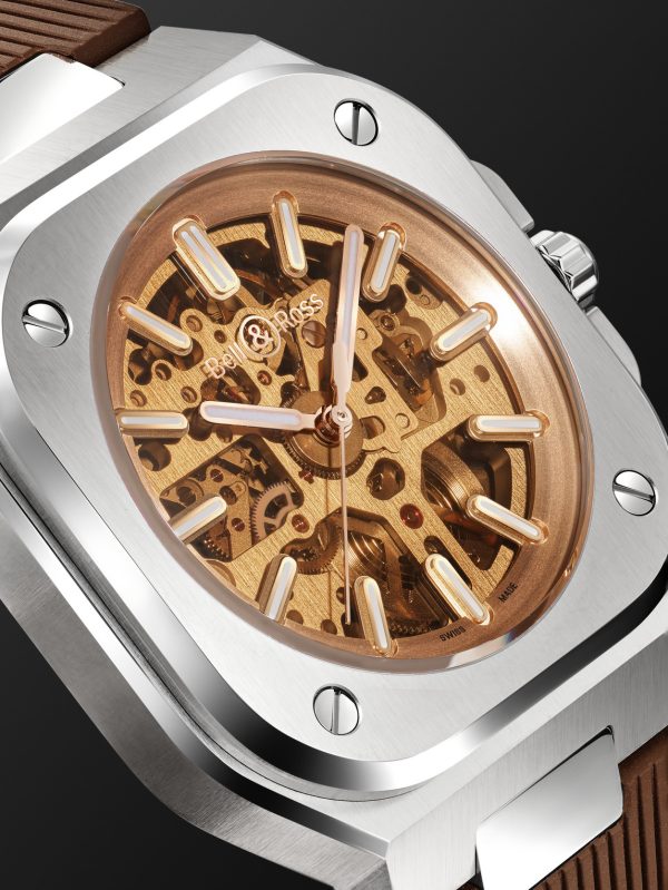 BR 05 Skeleton Gold Automatic 40mm Stainless Steel and Rubber Watch, Ref. No. BR05A-CH-SKST/SRB - CU