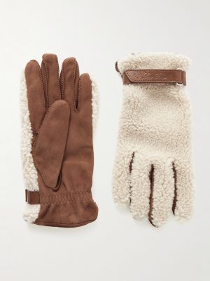 Leather-Trimmed Suede and Shearling Gloves