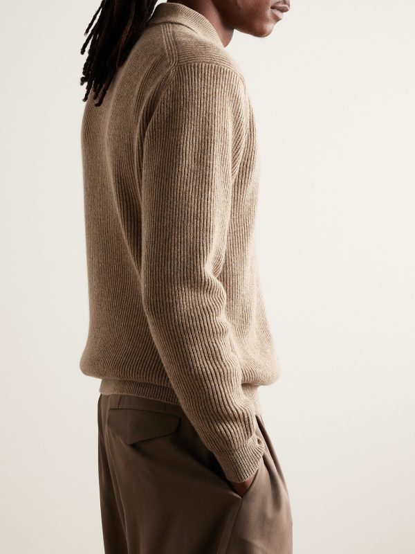 Ribbed Cashmere Polo Shirt - BK Ribbed Cashmere Polo Shirt - BK