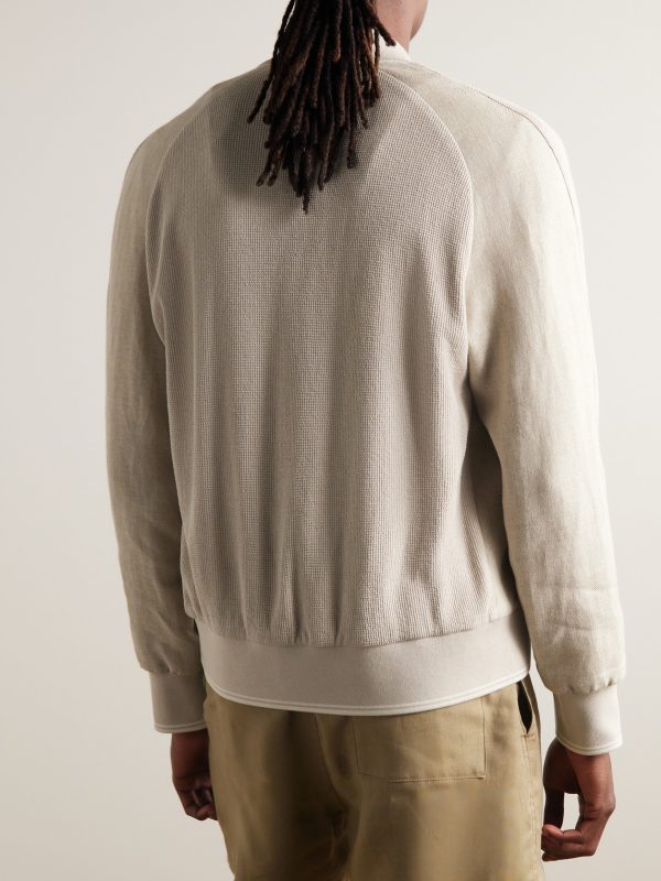 Herringbone and Waffle-Knit Linen Bomber Jacket - BK Herringbone and Waffle-Knit Linen Bomber Jacket - BK